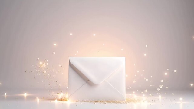ニュートラルなマット背景に白い封筒がオフセンターで置かれ、微細な光粒子が静かに漂う。
穏やかな祝祭感とフォーマルな二月の感謝ムードを表現。