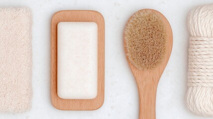 Eco-Friendly Flat Lay with Wooden Tools, Beige Paper, Cotton Rope, Textural Elements, Sustainable Aesthetic, Minimalist Design