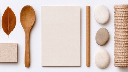 Eco-friendly flat lay arrangement showcasing wooden utensils, soft beige paper, and textured cotton rope, emphasizing sustainability and natural materials in design.