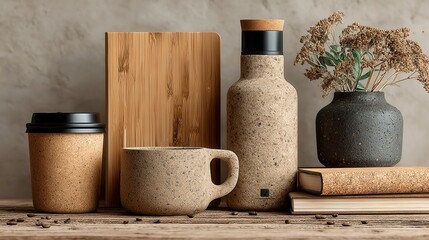 Sustainable Minimalist Office, a serene workspace featuring bamboo and cork furniture, recycled decor, and an uncluttered layout promoting eco-friendly productivity