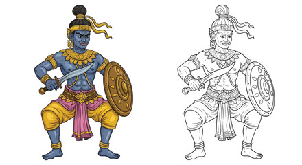 Fototapeta premium Traditional Indian Warrior Illustration Template Ready to Color for Art and Education