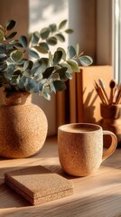 Sustainable Minimalist Office Haven, a serene workspace featuring bamboo and cork furnishings, eco-friendly decor, open layout, promoting productivity and environmental consciousness