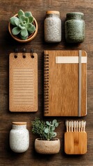 Sustainable Office Workspace Arrangement, Featuring a Cork Pad, Paper Notepad, Wooden Phone Stand, Inviting Atmosphere, Minimalist Design, Eco-Friendly Aesthetic