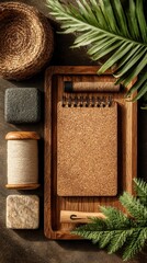 Sustainable Workspace Arrangement, showcasing a cork pad, paper notepad, wooden phone stand, and ample free space for an eco-friendly office environment