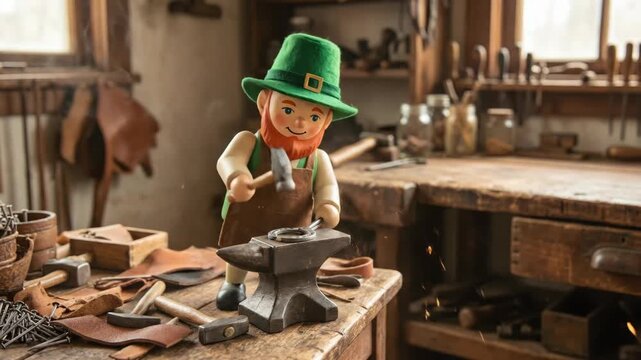 A leprechaun in an apron forging a horseshoe on an anvil with a hammer in a rustic workshop for saint patrick day