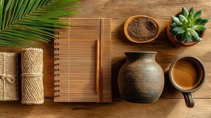 Eco-friendly workspace, flat lay of bamboo stationery alongside natural fiber decor, organized and inviting atmosphere, promoting sustainability and creativity in design