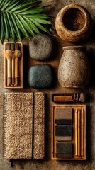 Sustainable Workspace Arrangement, flat lay of bamboo stationery, natural fiber decor, minimalist design, eco-friendly elements, inviting calm atmosphere, organized workspace
