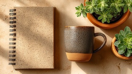 Minimalist Workspace Aerial View, showcasing a tidy arrangement of natural materials against beige tones, emphasizing simplicity and functionality with ample free space.