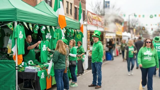 Man selling St Patricks Day themed merchandise from green tent stall to woman shopper on festival street