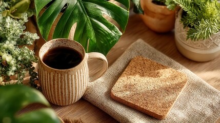 Eco-friendly workspace arrangement featuring lush green plant leaves, a textured cork coaster, and a soft beige linen backdrop, inviting a sense of calm and productivity
