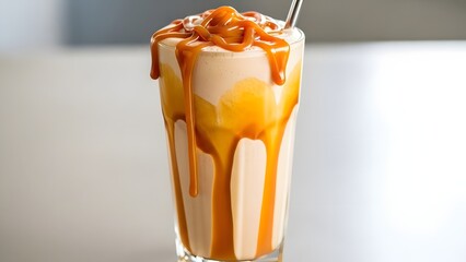 Caramel milkshake with caramel sauce swirl, neutral background, high detail