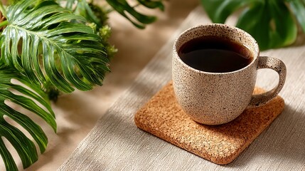 Clean sustainable workspace, top view arrangement of plant leaves, cork coaster, beige linen background, ample free space, promoting eco-friendly productivity and organization