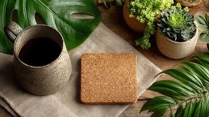 Sustainable Workspace Overhead, clean workspace with green plant leaves, cork coaster, soft beige linen background, inviting and organized atmosphere for productivity and creativity