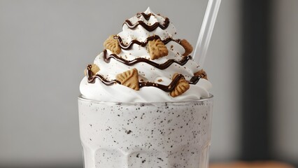 Cookies and cream milkshake with biscuit pieces, close-up composition