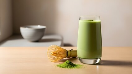Matcha milkshake with green tea powder, minimalist Japanese-inspired style