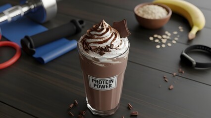 Protein milkshake with chocolate flavor, fitness and nutrition theme