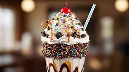 Ice cream milkshake overflowing with whipped cream, indulgent dessert style