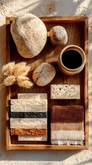 Earthy Workspace Harmony, a serene top view of a minimalist workspace showcasing a beige palette, eco-friendly materials, handmade objects, promoting sustainability and creativity.