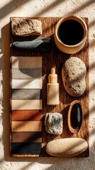Earthy Workspace Aerial View, featuring a soothing beige palette, sustainable materials, handcrafted eco-friendly items, and an inviting, uncluttered atmosphere.