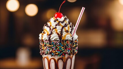 Ice cream milkshake overflowing with whipped cream, indulgent dessert style