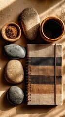 Eco-friendly workspace arrangement, showcasing an earthy beige palette, sustainable materials, handmade items, and an inviting free space for creativity and productivity.