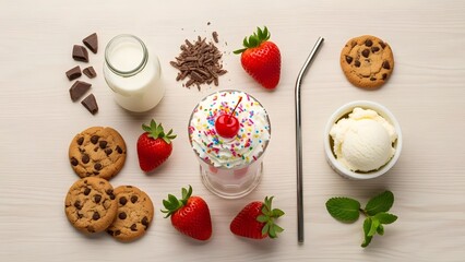 Milkshake flat lay with ingredients around, clean overhead shot
