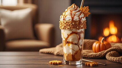 Autumn-inspired milkshake with warm tones, cozy background