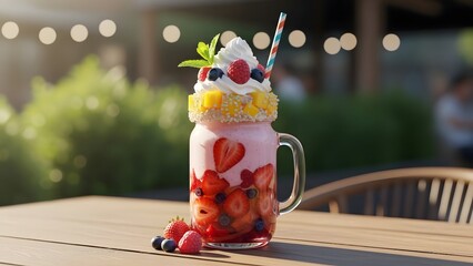 Seasonal summer milkshake with bright colors, outdoor light feel