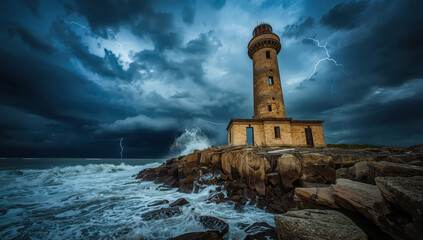 Stormy lighthouse on rocky coast with dramatic lightning and crashing waves