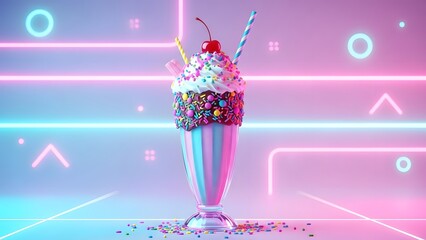 Milkshake with neon pastel background, trendy social media style