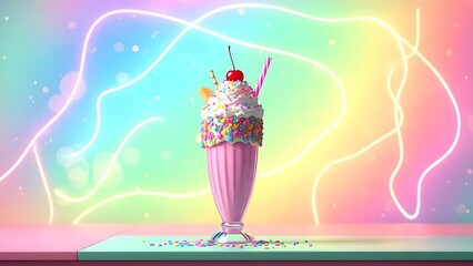 Milkshake with neon pastel background, trendy social media style