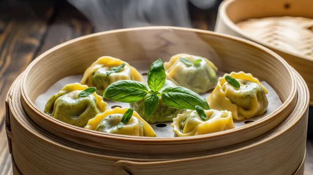 Steaming Handmade Tortellini Dumplings Served in Bamboo Steamer