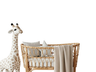 Baby giraffe toy with basket, isolated on transparent background