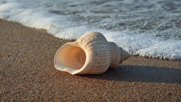 Seashell on sandy beach near gentle wave, warm light and calm mood - Powered by Adobe