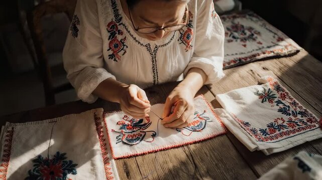 Traditional Embroidery: Woman meticulously stitches a vintage cloth with vibrant patterns