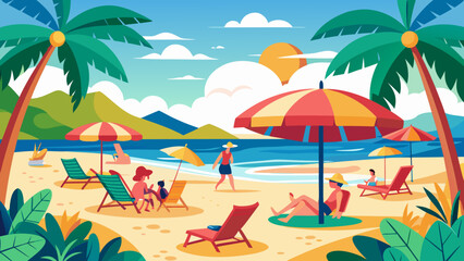Obraz premium Summer Beach Vacation Illustration Tropical Seaside Holiday Scene