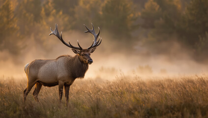 Fototapeta premium Majestic elk with large antlers standing in misty golden meadow at sunrise