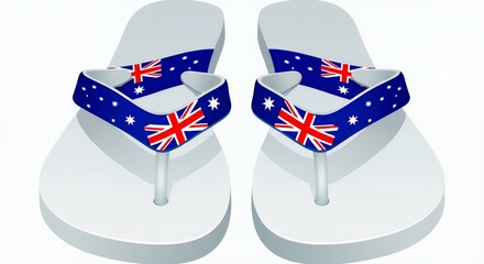 Fototapeta premium Pair of thongs featuring the Australian flag design on the blue straps national symbol footwear for summer vacation travel and patriotism vector graphic isolated Perfect Any Project.