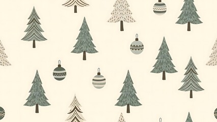 Decorative Christmas Tree and Ornament Pattern in Soft Neutral Colors for Holiday Design