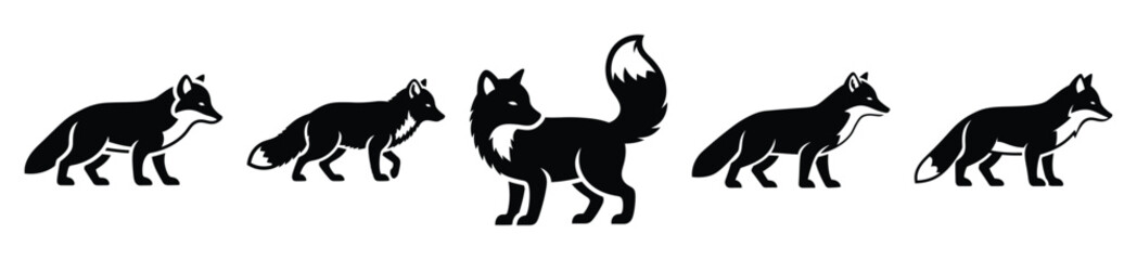 arctic fox silhouette vector icon set, black color and white background