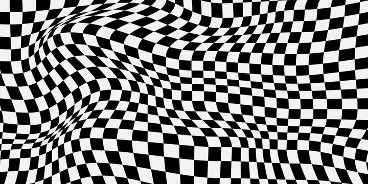 Trippy checkerboard background. Retro psychedelic checkered wallpaper. Wavy groovy chessboard surface. Distorted geometric pattern. Abstract monochrome vector backdrop