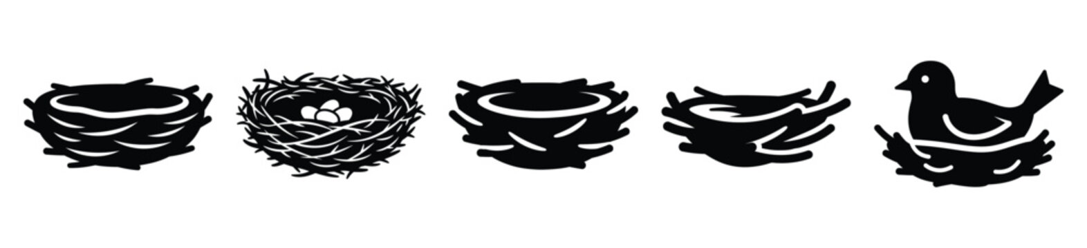 bird nest silhouette vector icon set, black color and white background