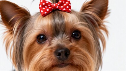 Small dog with red bow on head