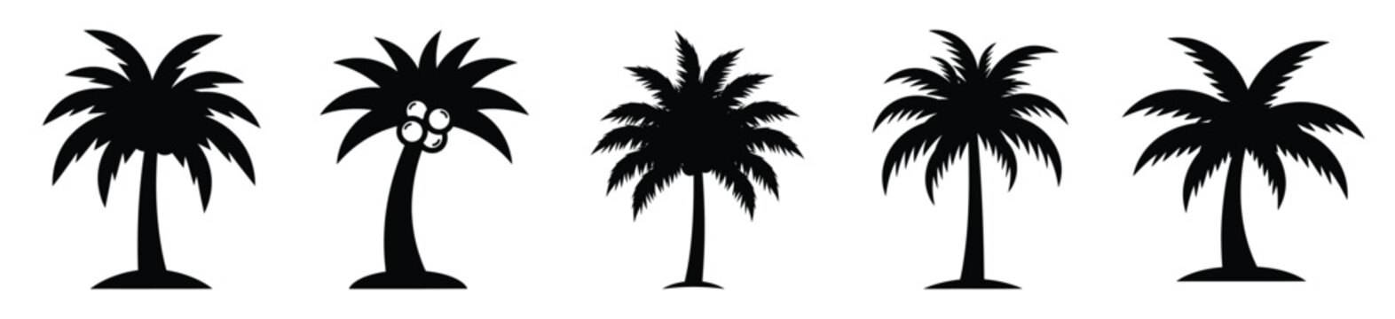 coconut tree silhouette vector icon set, black color and white background
