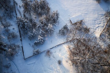 Winter wonderland drone view: a crisp, snowy landscape with a rustic fence carving through frosted trees and a cozy, snow-dusted shack under golden hour light