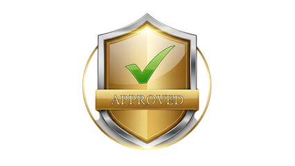 Golden shield icon with green checkmark isolated on transparent background