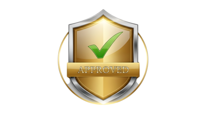 Golden shield icon with green checkmark isolated on transparent background