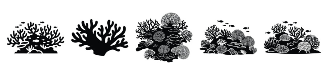 coral reef silhouette vector icon set, black color and white background