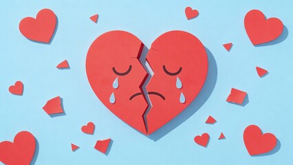 Broken heart paper cutout on blue background