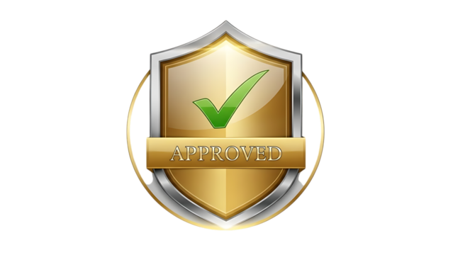 Golden shield icon with green checkmark isolated on transparent background - Powered by Adobe